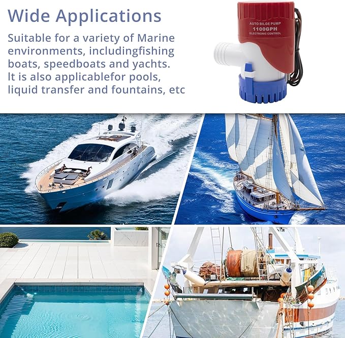 1100GPH 12 Volt Auto Bilge Pump Electric with Electrode Switch for Boat Submersible Marine Water Pump Accessories, Automatic Electric Bilge Pump, Water Pump Low Noise