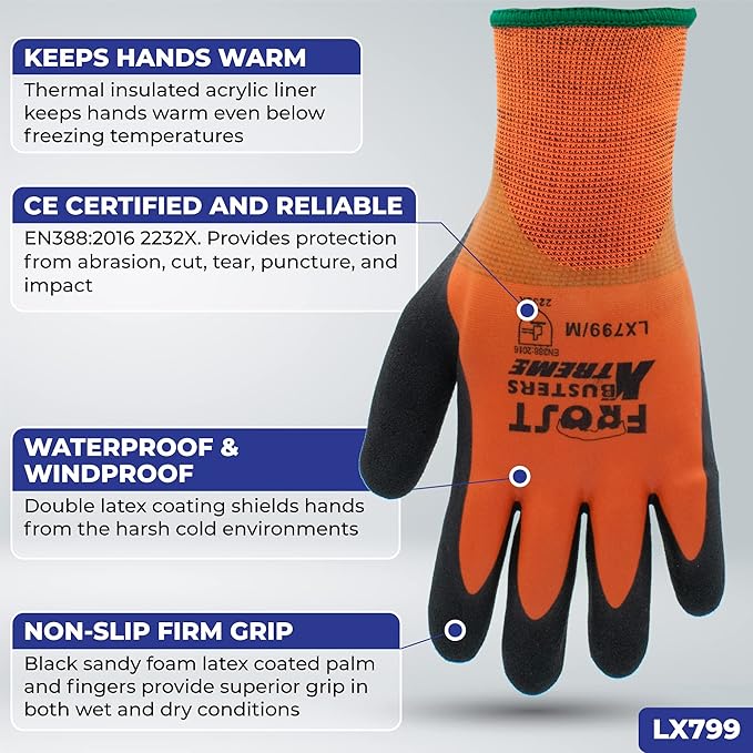 LX799 Waterproof Insulated Work Gloves, Freezer Gloves, Thermal Winter Work Gloves, Cold Weather, Firm Grip