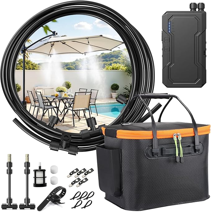 Ausic Portable Misting Systems, Outdoor Water Cooling Misters Set with 6000mAh Water Pump, 20L Bucket, 26FT (8M) Hose, 10*Clips/Ties for Sports/Patio/Umbrella/Pasture/Greenhouse/Canopy/Camping