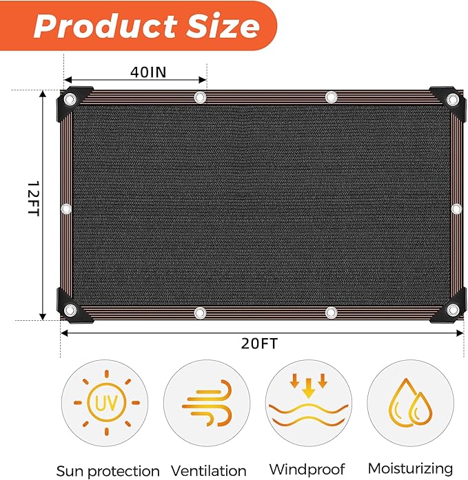 90% Shade Cloth,12x20FT,Tear Resistant Sun Shade Net with Reinforced Grommet,Durable Garden Shade Tarp Cover for Greenhouse,Sunshade Outdoor Patio and Pergola,Chicken Coop,Plant Cover,Black