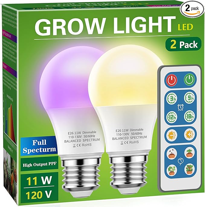 Briignite Grow Light Bulbs, 4 Full Spectrum Growth Modes, 3/9/12/18H Timing, A19 Dimmable Plant Light Bulb E26 Base, 11W Grow Bulb 100W Equivalent, Grow Light for Indoor Plants, Seed Starting, 2Pack