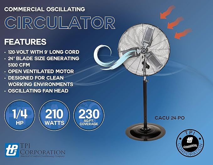 TPI Corporation CACU-24-P, 24-Inch High-Velocity Non-Oscillating Pedestal Mount Fan for Commercial & Industrial, Garage, Gym, Outdoor, Patio, 120 Volt