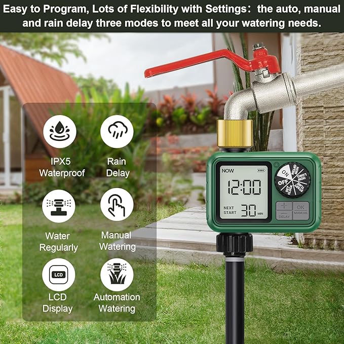 1 Zones Brass Inlet & Outlet 2 Pack Water Timer for Outdoor Garden Hose, Sprinkler Timer for Garden Faucet with Auto/Manual/Rain Delay Mode, Sprinkler Irrigation Controller for Yard Lawn