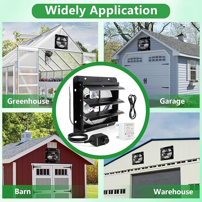 Shutter Exhaust Fan with Thermostat & Speed Control, 820 CFM,1700RPM, Upgrade 10 inch Wall Mount Attic Vent Fan for Chicken Coops, Greenhouse, Gable, Barn, Garage, Shed Ventilator