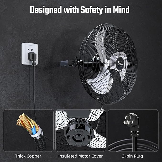 Simple Deluxe 20 Inch Industrial Wall Mount Fan, 3 Speed Metal Fan for Warehouse, Greenhouse, Workshop, Patio, Factory and Basement, Black