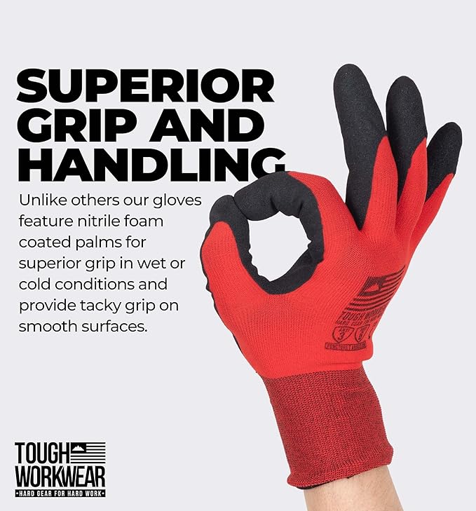 Tough Workwear Winter Work Gloves - Men & Women - Cold Weather - Fleece Lined - Red