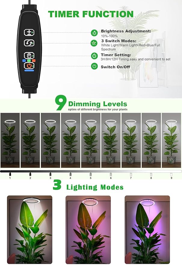 10" Grow Lights for Large Indoor Plants, Full Spectrum Indoor Plant Light for Indoor Growing with Timer,Height Adjustable Auto On/Off 3/9/12H, 9 Brightness,Led Tall Halo Grow Light for House Plants