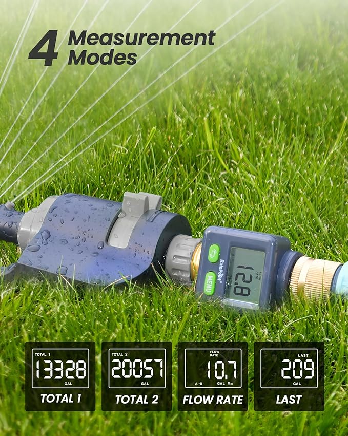 RAINPOINT Water Flow Meter with Brass Inlet & Outlet, 180° Screen-Flip Water Meter, Measure Gallon/Liter Consumption for RV Filling, Garden Watering, Sprinkler and Hoze Nozzle, 2pcs