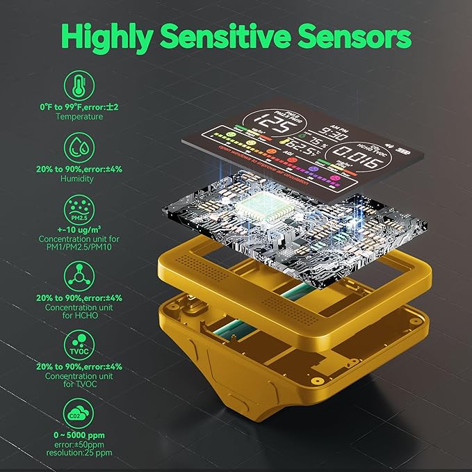 16-in-1 Indoor Air Quality Monitor with PM1.0,PM2.5,PM10,CO2,HCHO,TVOC,Temperature,Humidity,Time Display &7 AQI Alarms – Professional Air Quality Tester for Home, Office & Indoor Use (Bright Yellow)