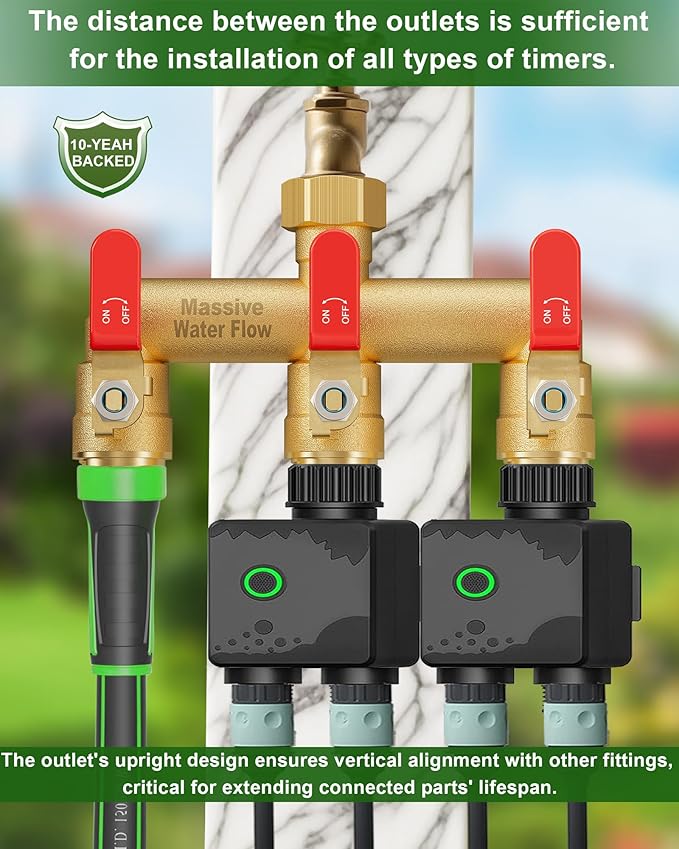 3 Way Hose Splitter, Heavy Duty Full Flow Garden Water Hose Bib Spigot Splitter, Brass Rust and Freeze Resistant Outdoor Faucet Splitter, T Adapter Connector with 3/4 - Inch GHT Thread （Red）