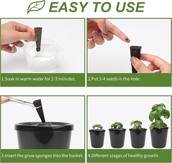 Kratky Method Hydroponic Planter Kit, 8 Hydroponic Planter Plus 24 Growing Sponges for Herbs, Hydroponic Mini Buckets for Windowsill Herb Garden, Hydroponic Growing System for Vegetables (Black)