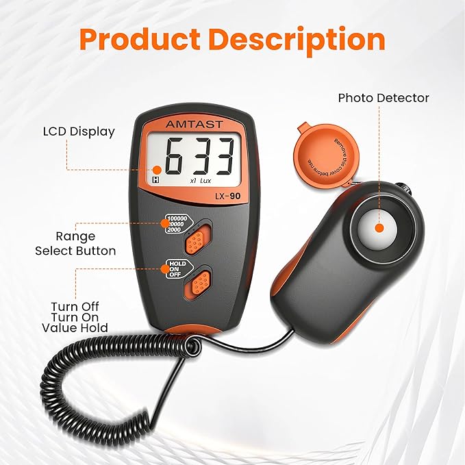 Digital LUX Meter Digital Indicator UV Meter Light Meter with LCD Display Luxmeter for 0-100,000 Lux Range High Ambient Light Meter with Backlight (Model LX-90)