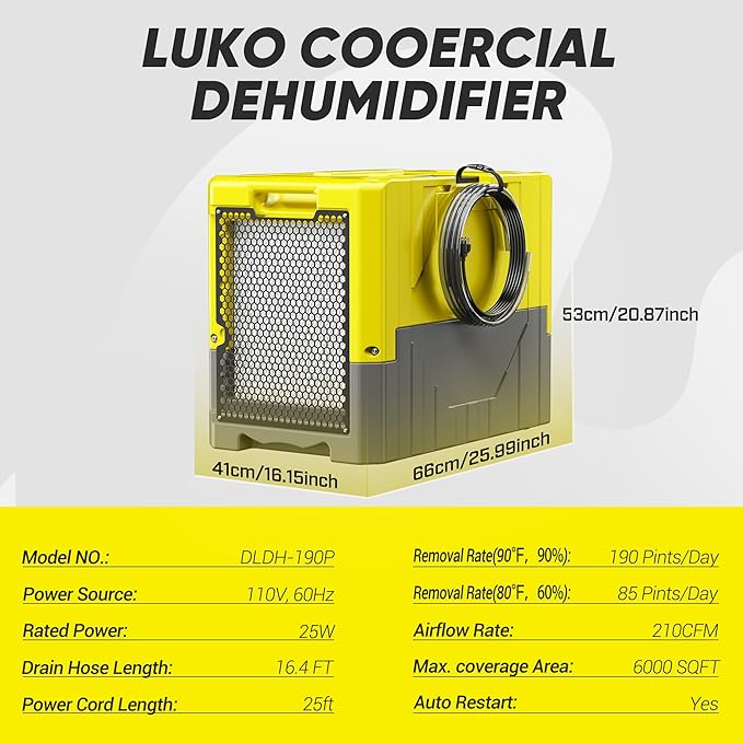 190 Pints High Efficiency Commercial Dehumidifier for Basements-6000 Sq.Ft. Industrial Grade Dehumidifiers with Pump & Drain Hose for Crawl Spaces Water Damage Restoration-Light Yellow-2PC