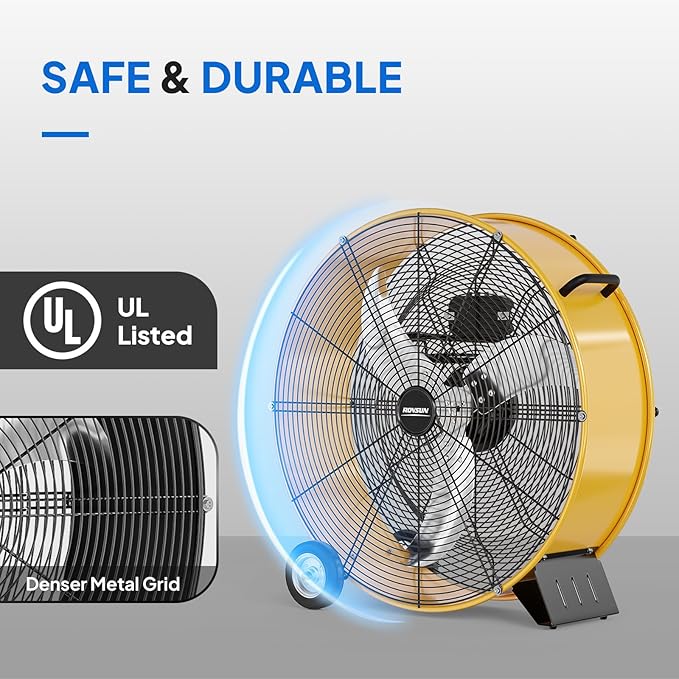ROVSUN 24 Inch High Velocity Drum Fan, 9500CFM Industrial Metal Floor Fan with Handle, Heavy Duty, 3-Speed, Air Circulator for Shop, Garage, Gym, Barn, Commercial, UL Listed, Yellow, 2-Pack