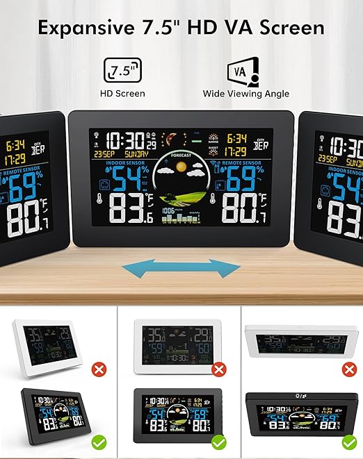 Weather Station Wireless Indoor Outdoor Thermometer, 7.5" VA Display with Remote Sensor, Home Weather Station with Weather Forecast, Temperature, Humidity, Atomic Clock, Black