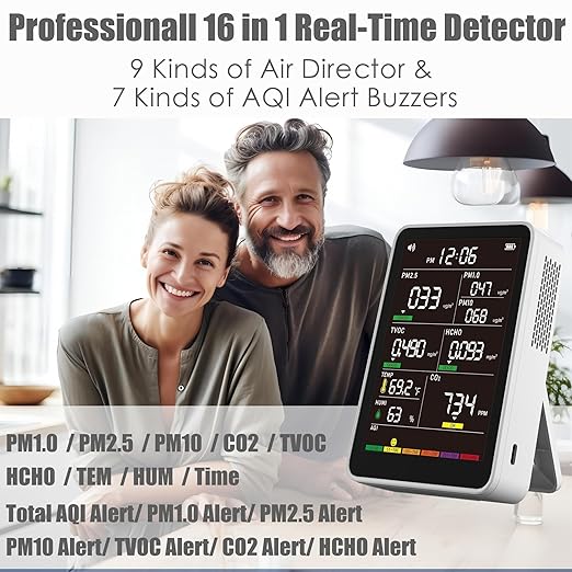Professional Indoor Air Quality Monitor with AQI Alerts, Portable Real-Time Detector for Home, Car, Plants & Pet (Pearl White)