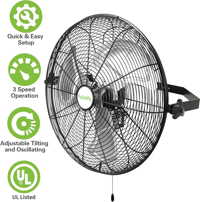 hykolity 4300 CFM 18 in. Industrial Wall Mount Fan, 3-Speeds High Velocity Wall Fan with Sealed Motor, Heavy Duty Metal Barn Fans for Garage, Workshop and Warehouse, UL Listed