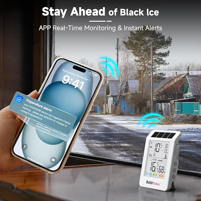 BaldrTherm WiFi Bluetooth Thermometer Hygrometer, Solar Boost, WiFi Remote Monitoring, Smart Alerts (Black Ice), City Temp Sync for Home/Baby Room/Plant Room, 2pack