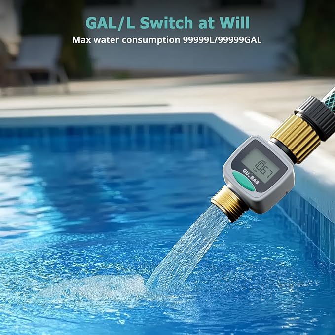 QUOBAS Water Flow Meter with Brass Fittings, Easy-Install Garden Hose Flow Meter for RV, Outdoor Plants, Lawn & Pool, Waterproof Screen, Tracks Gallon/Liter Usage, 4 Modes