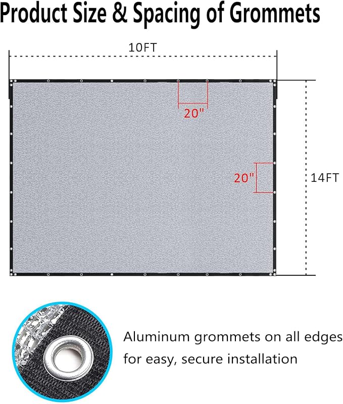 Aluminet Shade Cloth 70% - 10ft x 14ft Aluminum Shade Cloth with Grommets, Reflective Sun Block Shade Net for Patio, Garden, Greenhouse, Dog Kennel, Car Cover, Outdoor Camping (Silver)