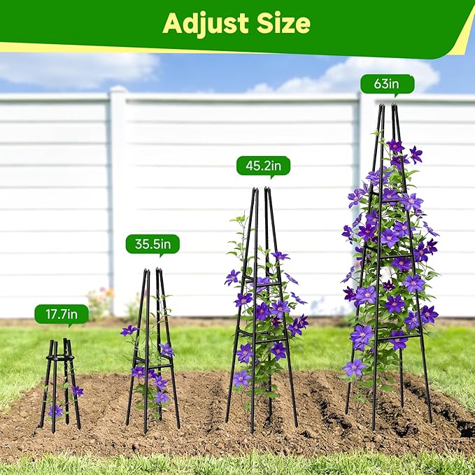 Garden Obelisk Trellis for Climbing Plants Outdoor, 63 Inch Height Adjustable Gardening Trellis, Steel Plastic Coated Plant Support for Indoor & Outdoor Multiple Climbing Plants(2PCS)