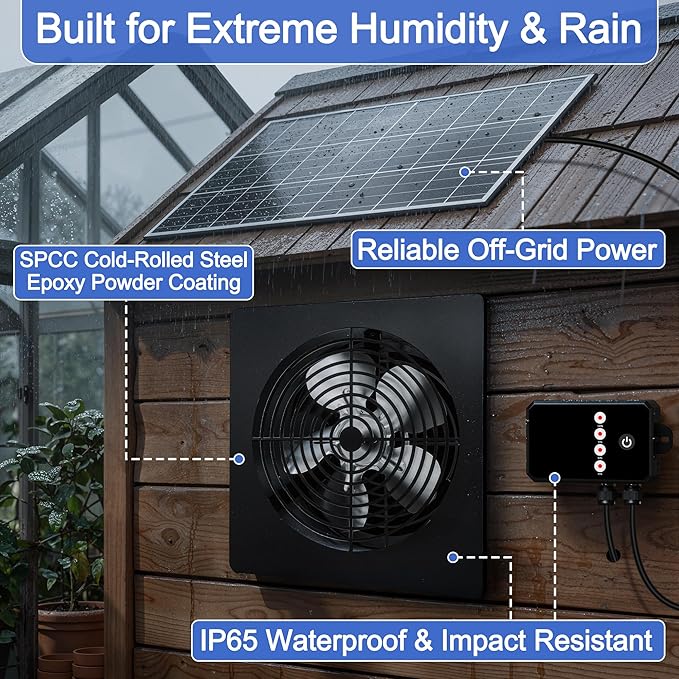 Solar Fan for Chicken Coop & Greenhouse, 6-Speed Reversible Airflow Vent System, Smart Wireless Remote & 17ft Cable