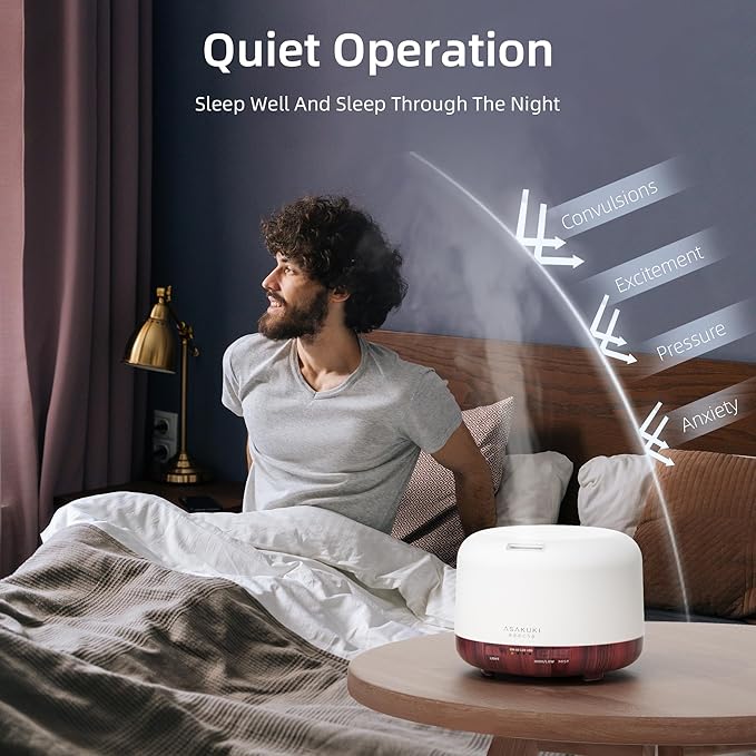ASAKUKI Essential Oil Diffuser for Home, 500ML Aromatherapy Diffuser Humidifier with Remote Control, 7 Color LED Lights, Quiet Cool Mist Diffuser for Bedroom, Office, Gift for Mom (Reddish-Brown)