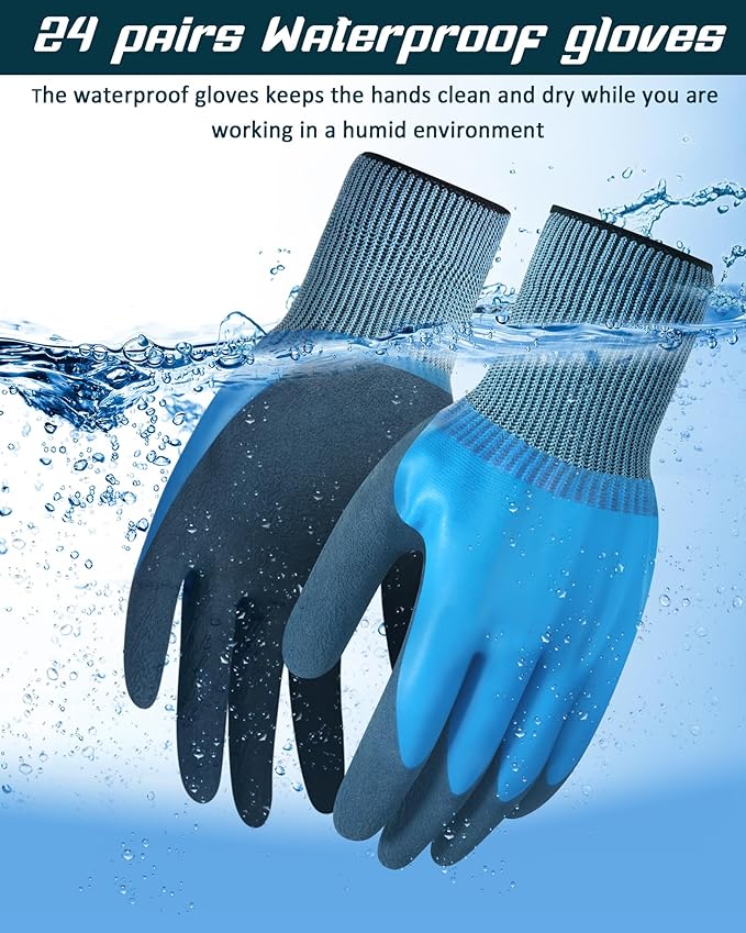 Mimorou 24 Pairs Waterproof Work Gloves Bulk Double Rubber Coated Non-slip Working Gloves Women Men Gardening Gloves
