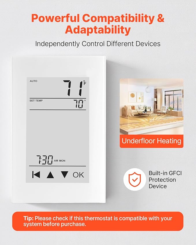 VEVOR 7-Day Programmable Thermostat Gray-White (Without WiFi) - for Radiant Underfloor Heating Cable & Heat Pump, GFCI & Sensitive Sensor, LCD Touchscreen, Energy-Efficient