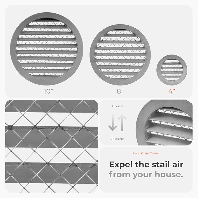 4"" Inch Round Aluminum Industrial Vent - Air Vent Louver - Soffit Grille Cover - Built-in Aluminum Screen - HVAC Ventilation, Uncoated