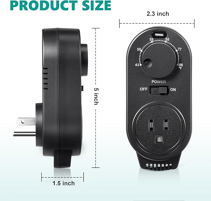 Adjustable Thermostat, Plug in Heating and Cooling Thermostat Controlled Outlet, Compatible with Portable AC, Fans and Space Heaters (1 Pack,Black)