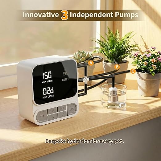 Automatic Plant Waterer for 15+ Indoor Plants, 3-Pump Independent Control Drip Irrigation System, 2600mAh Rechargeable Self Watering System with Timer, Anti-Siphon Design，HD LCD Display