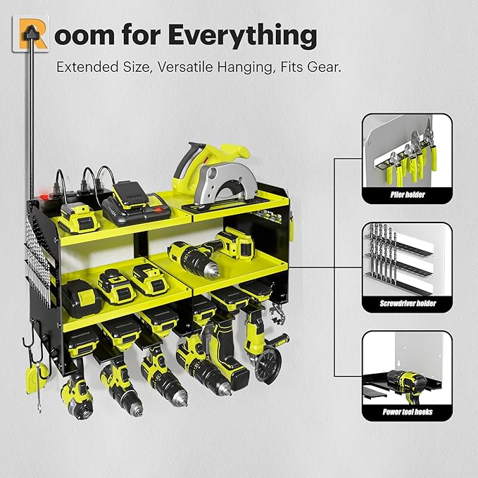 Spampur Power Tool Organizer, 15 Min Quick Assembly & Max 420lb Load by Heavy Duty Metal, 6 Slots for Cordless Drill with 4 Outlet Power Strip in Garage/Workshop/Suitable for Thanksgiving/Christmas
