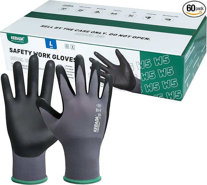 Kebada W5-60 Pairs Bulk Safety Work Gloves Foam Nitrile Coated, Seamless Knit Nylon Glove with Grip, Ideal for Mechanic, Warehouse, Construction & Gardening, XX-Large