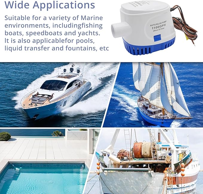 1100GPH 12V Auto Bilge Pump, Marine Automatic Bilge Pump Built-in Float Switch, Suitable for Boats, Yacht, Pools