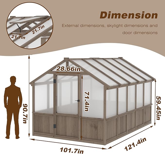 MUPATER 8 x 10FT Wooden Greenhouse with 6mm Polycarbonate Panels for UV Protection and Heat Insulation, Adjustable Ventilated Window & Lockable Door, Walk-in Greenhouse for Outdoors, Patio, Backyard