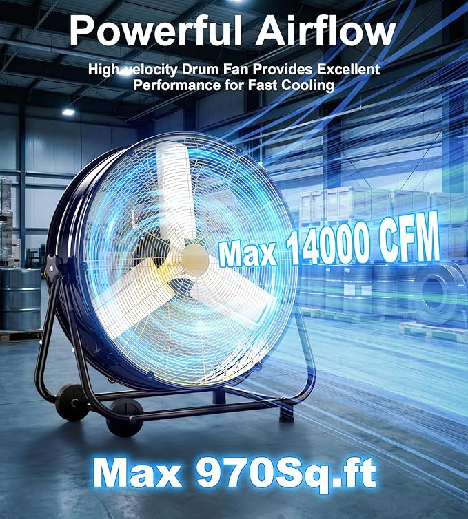 AKIRES 30IN Industrial Floor Drum Fan,14,000CFM High Velocity Heavy Duty Shop Fan with 360° Tilt,Handle,500W High Velocity Drum Fan for Garage,Basement,Warehouse,Patio,Factory,Workshop,Commercial Use