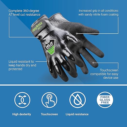 HexArmor Helix 3027 Ultra-Dexterous Work Gloves – ANSI A7 High-Cut Protection, Thin Shell, Full Liquid-Resistant Nitrile Coating, Sandy Palm Grip, Touchscreen Compatible | Medium