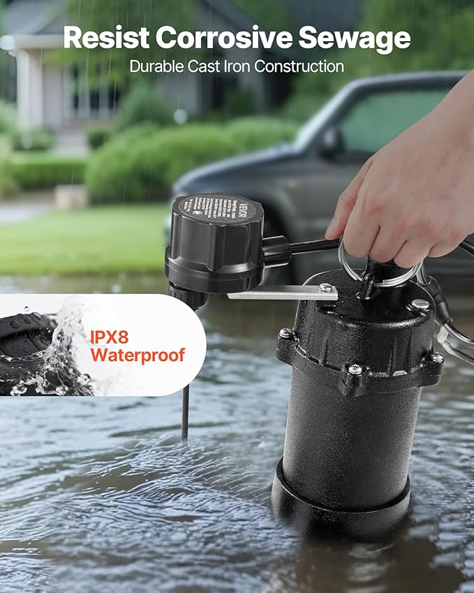 VEVOR Submersible Sewage Pump, 1/3 HP, 3000 GPH Cast Iron Sewage/Effluent Pump with Automatic Float Switch, 1.5-Inch NPT Discharge, 120V, 25 ft Lift, for Basement, Septic Tank, Residential Sump Basin