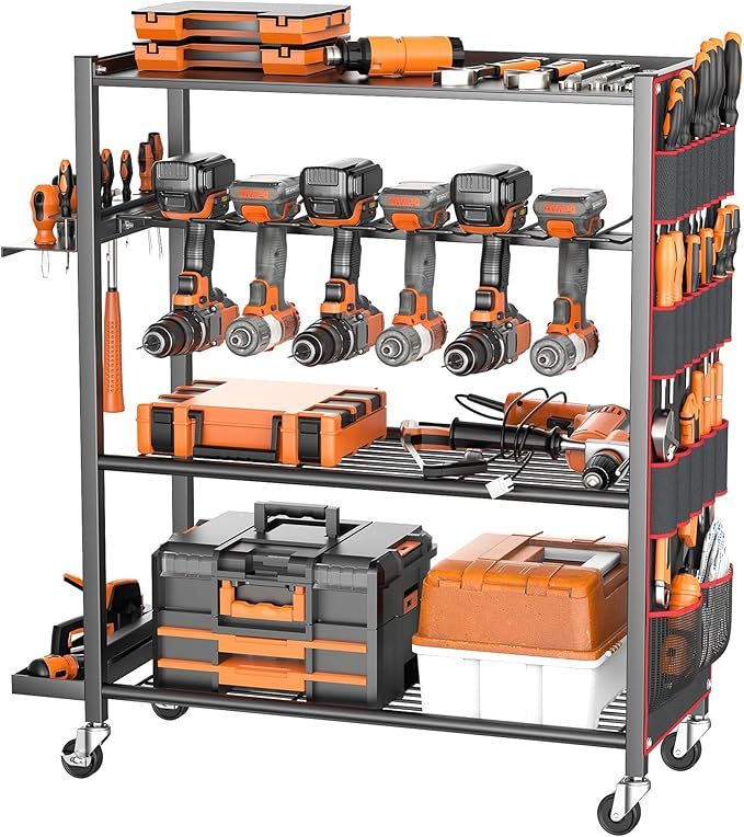 TORACK Rolling Power Tool Storage Cart, 4-Tier Large Drill Organizer with Slots for 12 Drills, Freestanding Cordless Tool Rack with Wheels for Garage & Workshop