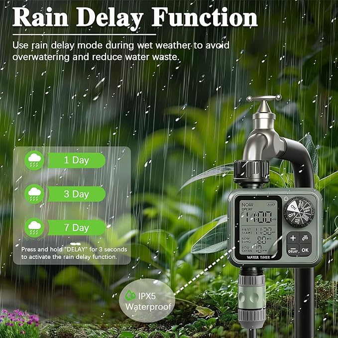 Sprinkler Timer Ourdoor,Digital Pogrammable Hose Timers with Rain Delay/Manual/Automatic Drip Irrigation Controller System,Smart Water Timer for Garden Hose with Large Display for Garden, Lawn, Yard