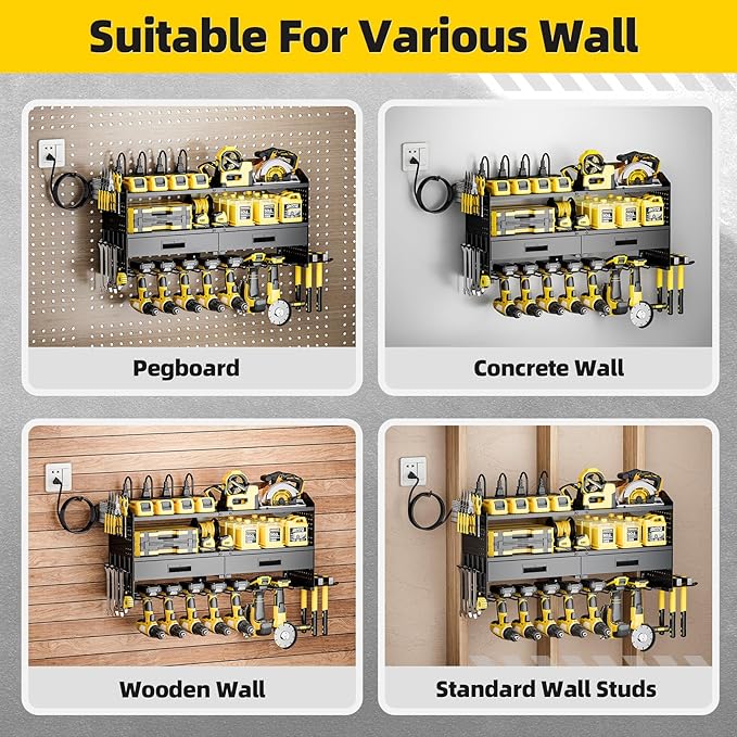 Power Tool Organizer Wall Mount Heavy Duty 400 lbs, 4 Layers Storage Rack with 9 Drill Holders & Battery Storage, Cordless Tool Organizer for Garage, Workshop & Tool Room