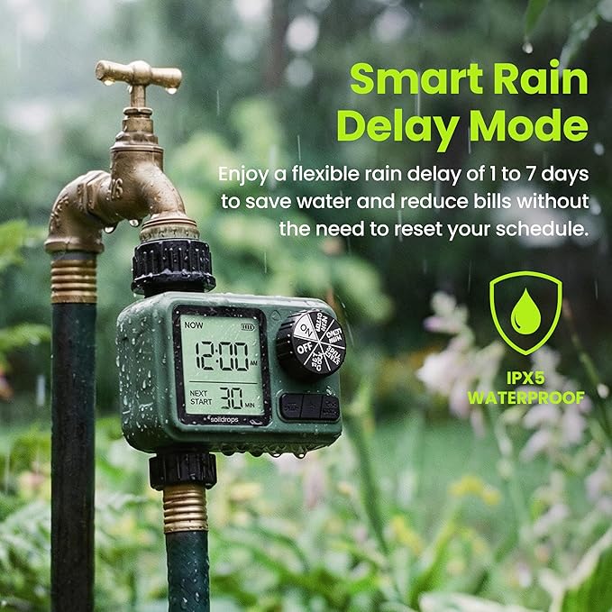 Sprinkler Timer for Garden Hose, Programmable 1 or 2 Outlet Controller with Self-Cleaning Valve, 15-Day Frequency, Large Dial, Rain Delay & Auto-Off, IPX5