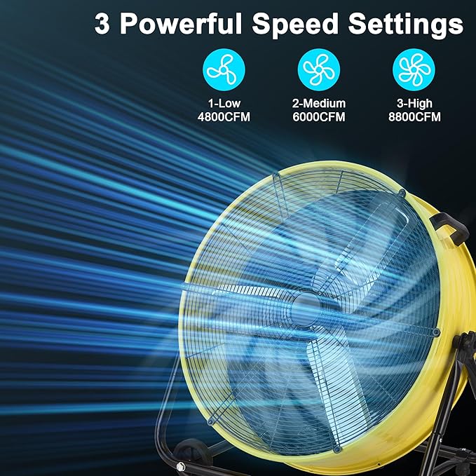 24 Inch Industrial Drum Fan, 8800 CFM High Velocity floor Fan, Heavy Duty, 3-Speed, 360° Fully Adjustable Tilt, Portable Wheels & Handle for Commercial, Warehouse, Garage, Workshop, Gym-ETL Certified