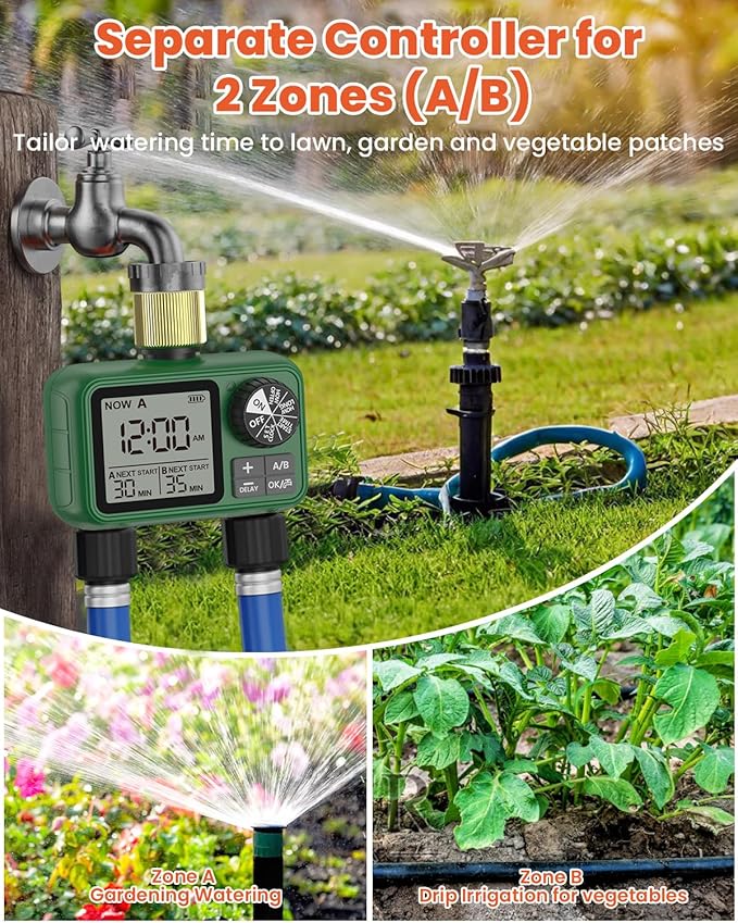 2 Zones Brass Inlet & Outlet Water Timer for Outdoor Garden Hose, Sprinkler Timer for Garden Faucet with Auto/Manual/Rain Delay Mode, Sprinkler Irrigation Controller for Yard Lawn