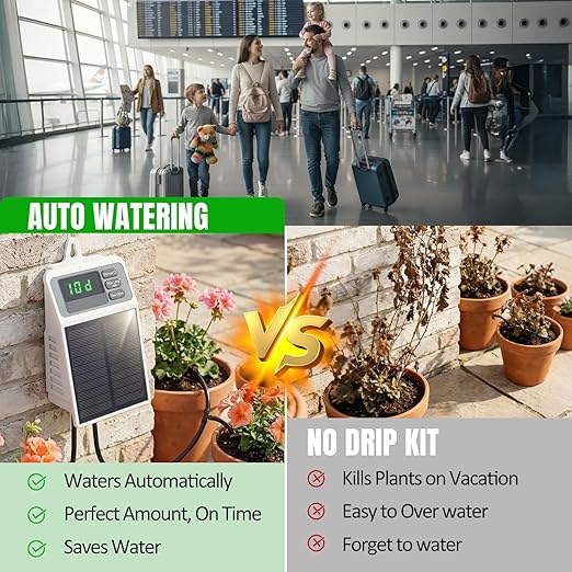 Solar Automatic Drip Irrigation System, Auto Self Watering Kit, Solar Powered Watering Device with Timer for Pots Plants, Indoor/Outdoor Irrigation System for Garden, Balcony & Patio Watering System