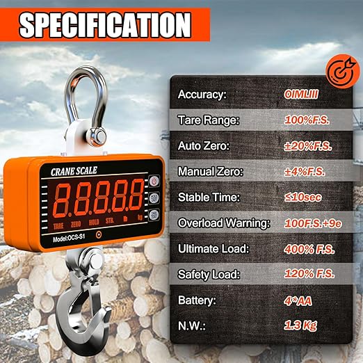 YATOINTO 1000kg/2000lb Digital Crane Scale Heavy-Duty Industrial Hanging Scale with Remote Control Smart Type LED Display CE Certified Electronic Weighing Crane Scale (Orange)