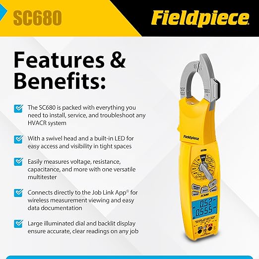 Fieldpiece SC680 Clamp Meter - Wireless Power Multitester for HVACR Professionals - AC/DC Swivel Clamp Meter with Dual Display - HVAC Tools