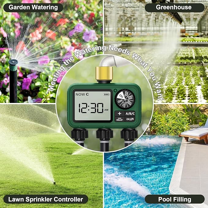 3 Zones Brass Inlet Water Timer for Outdoor Garden Hose, Sprinkler Timer for Garden Faucet with Auto/Manual/Rain Delay Mode, Sprinkler Irrigation Controller for Yard Lawn