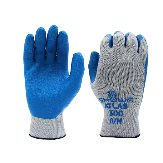 SHOWA Atlas 300 Original 1994 Crinkle Grip Work Gloves, Natural Latex Palm, Heavy Duty 10-Gauge for Construction, Landscaping, Gardening, & Masonry, Blue, X-Large, 12-Pair